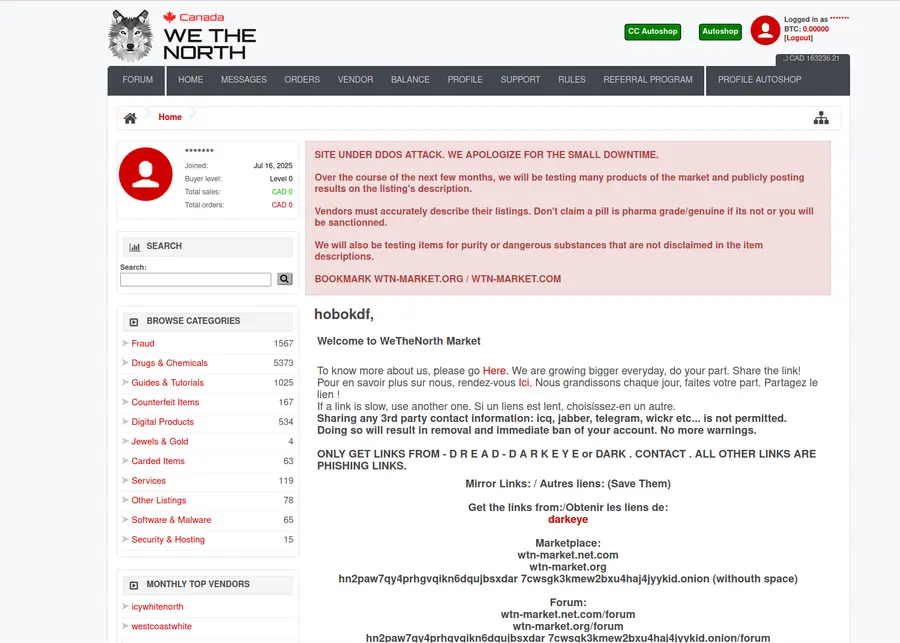 Canadian user accessing WeTheNorth market through Tor Browser