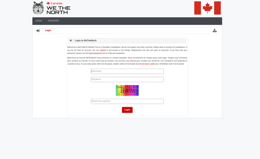 WeTheNorth market login screen after Tor connection